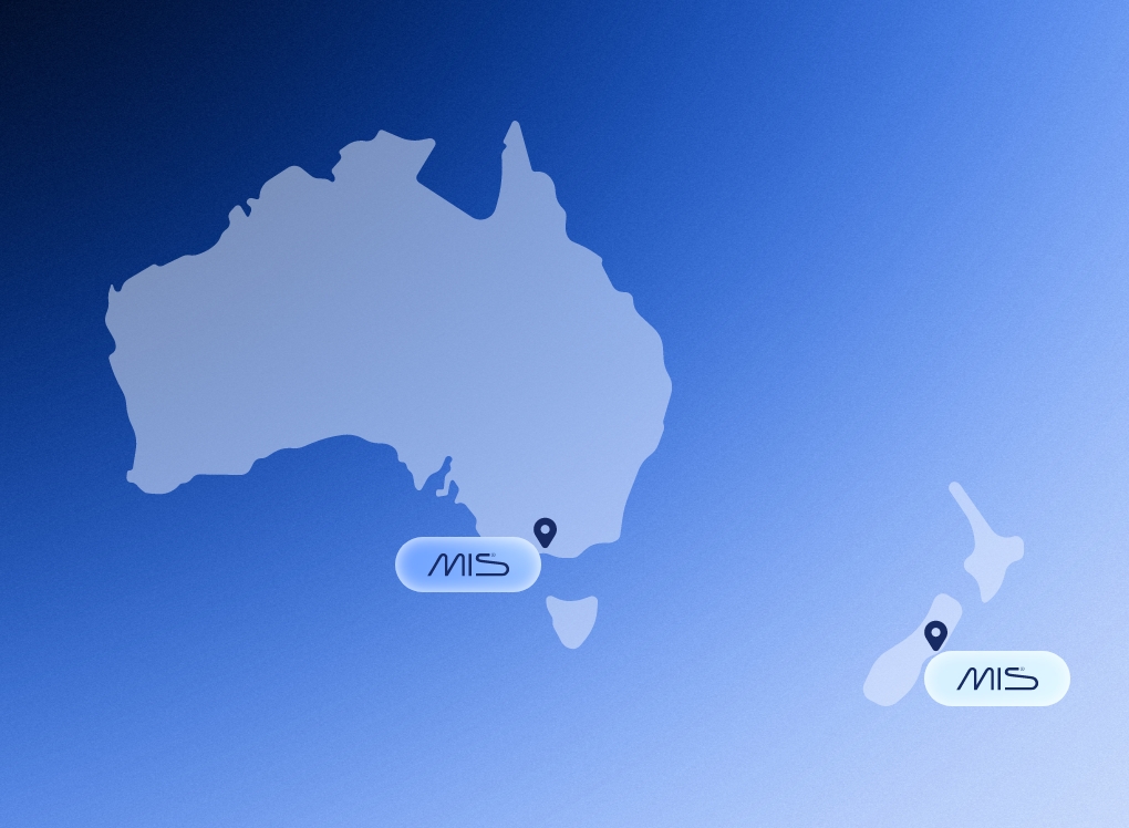 Map of Australia and New Zealand marked with MIS locations